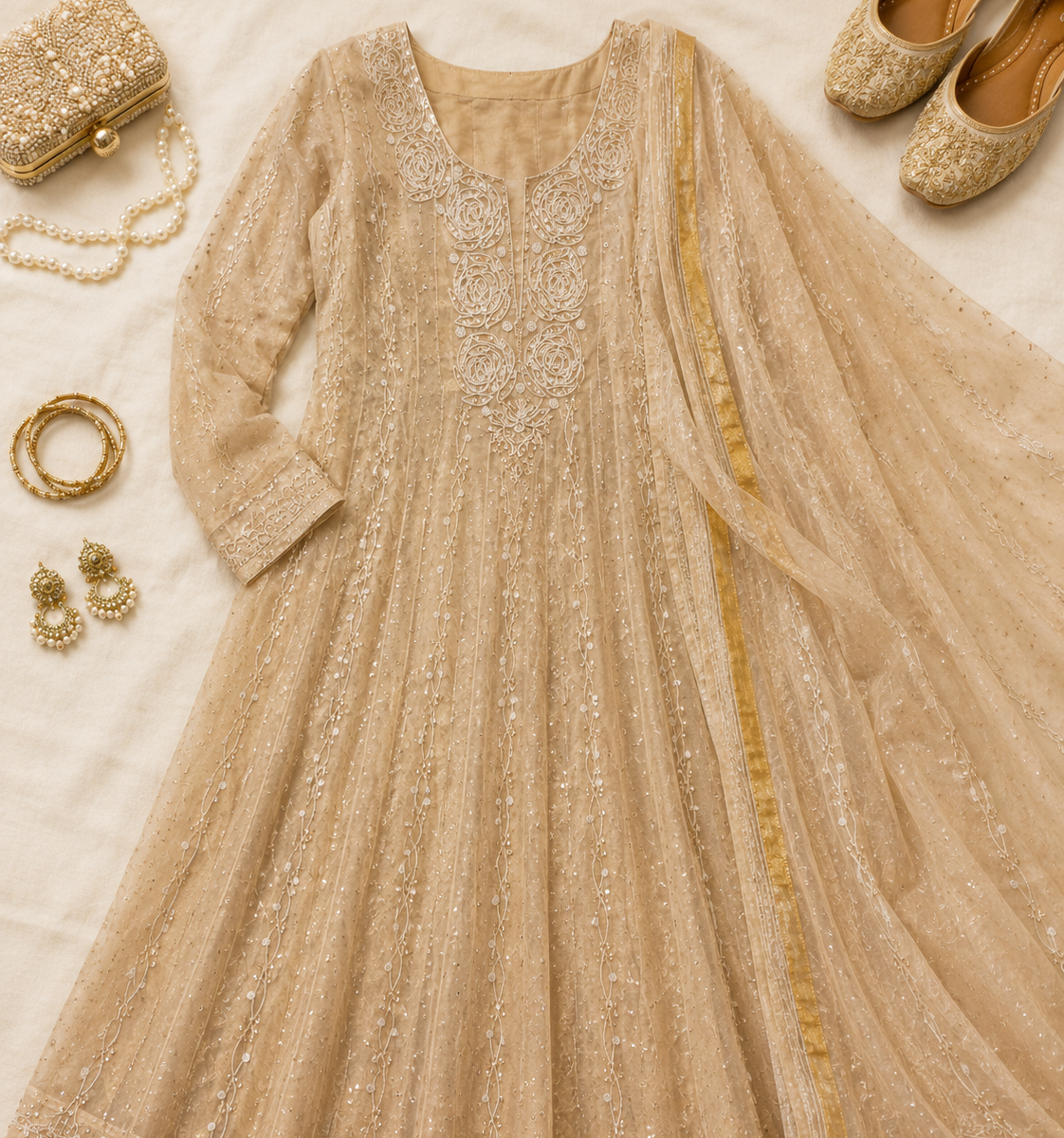 Beige embroidered traditional outfit with matching dupatta, shoes, and jewelry on a light background