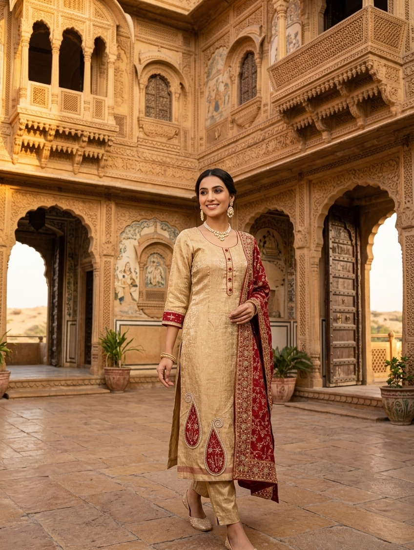 Woman in traditional attire standing in an ornate courtyard with architectural details.