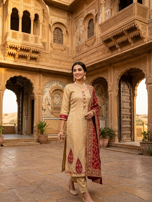 Woman in traditional attire standing in an ornate courtyard with architectural details.