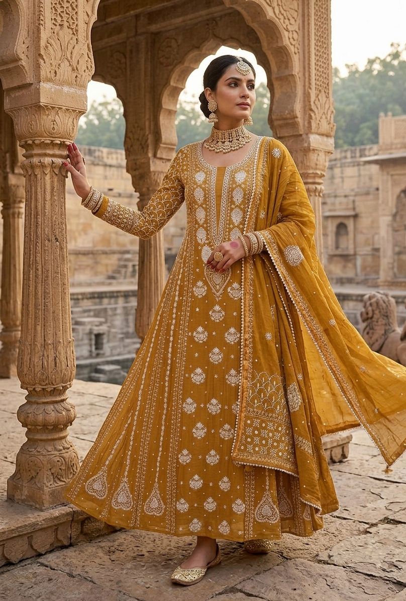 Woman in a yellow embroidered traditional outfit standing in an architectural setting.