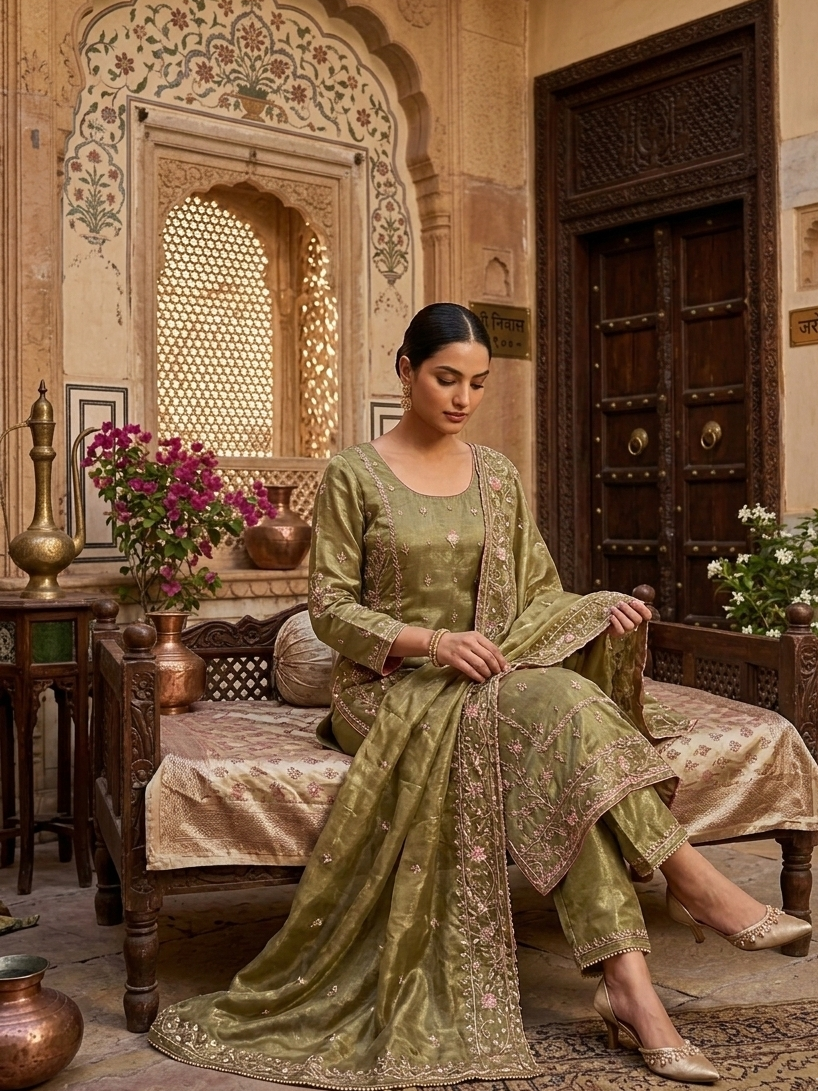 Woman in traditional green outfit sitting in an ornate room with decorative elements.