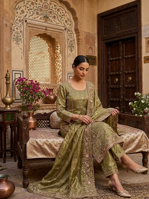Woman in traditional green outfit sitting in an ornate room with decorative elements.