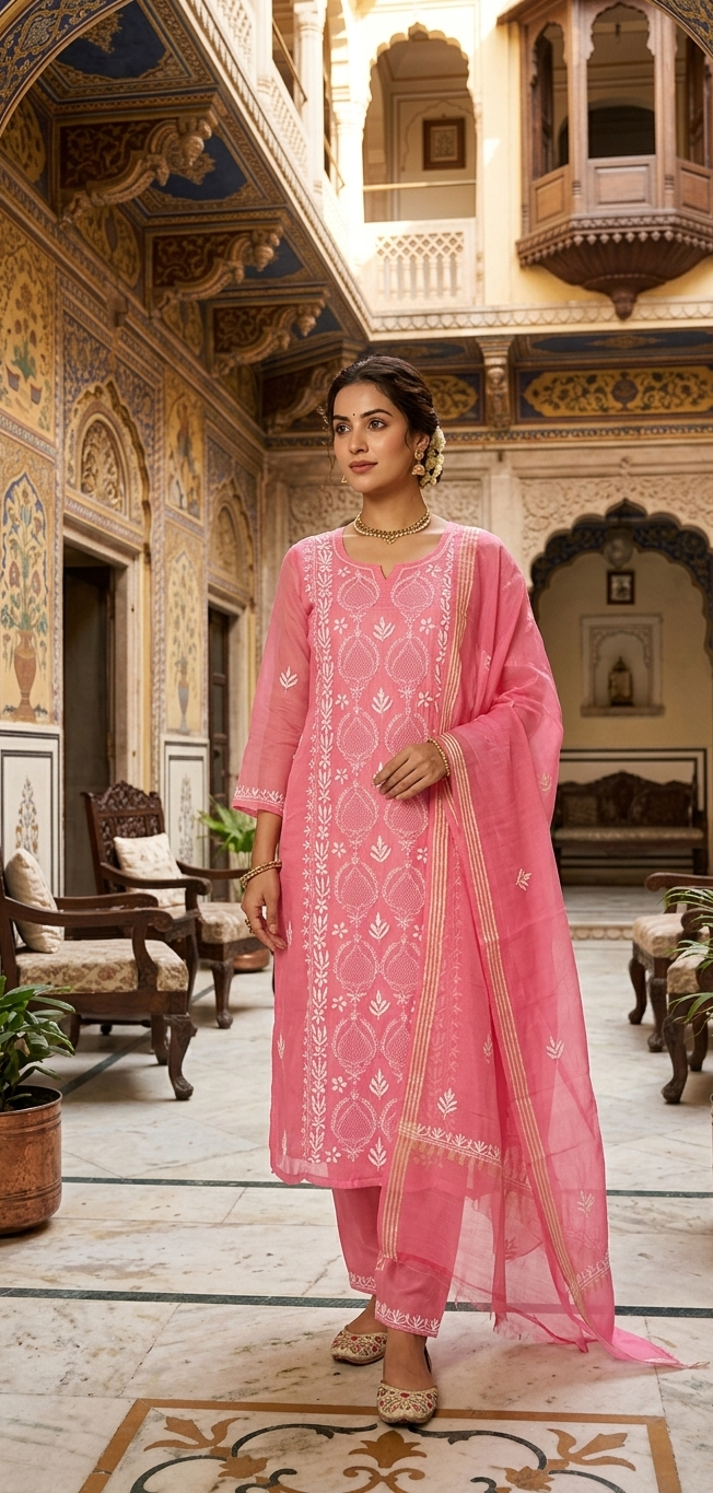 Woman in a pink traditional outfit standing in an ornate indoor setting.