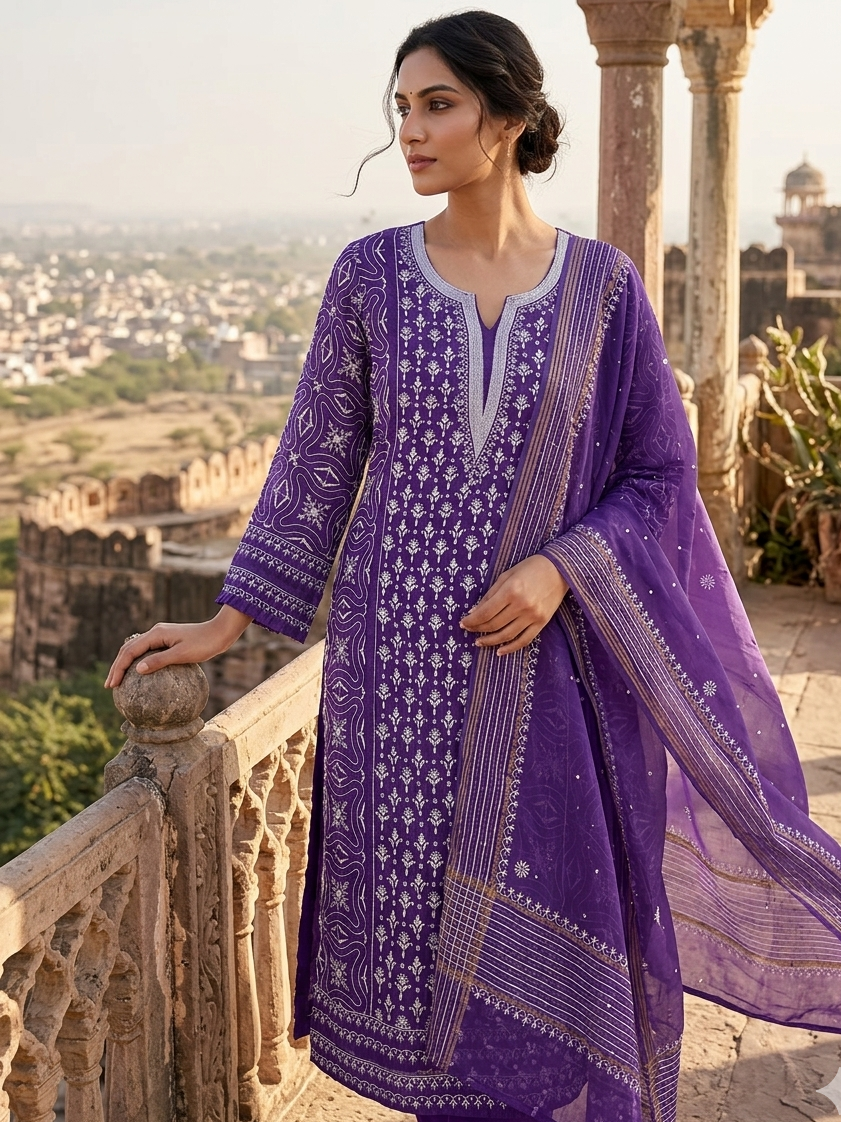 Woman in a purple traditional outfit standing on a balcony with a scenic view.