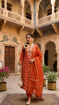 Woman in traditional orange outfit standing in a decorative interior setting with plants and architectural elements.