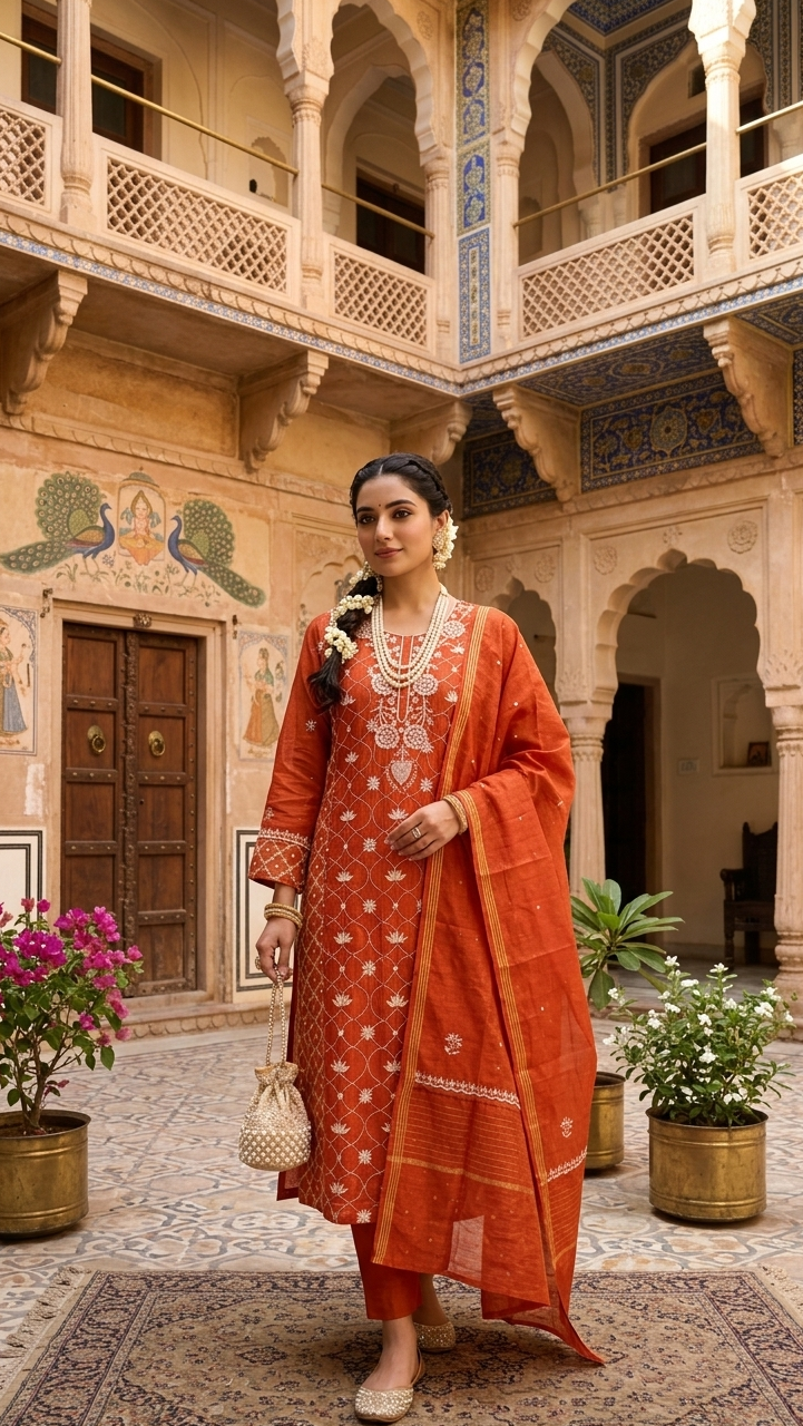 Woman in traditional orange outfit standing in a decorative interior setting with plants and architectural elements.